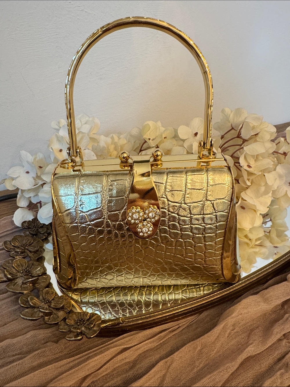 Metallic Gold Croc-Embossed Top Handle Bag with Crystal Clasp